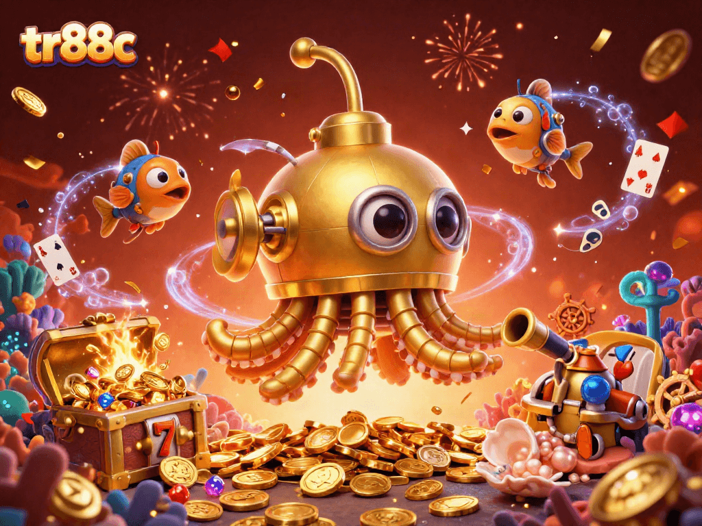 tr88c transforms gameplay with a vibrant kraken submarine defeating challenges amid sparkling coins.