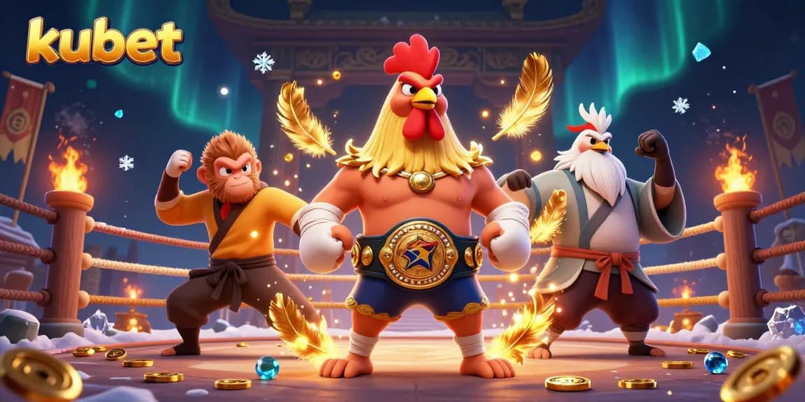 Kubet enhances excitement with a vibrant 3D scene featuring a Muay Thai rooster, Shaolin monkey, and wise crane in a dynamic betting arena.
