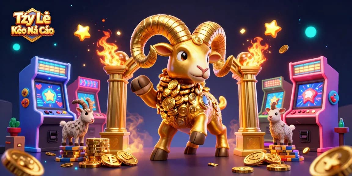 Tỷ Lệ Kèo Nhà Cái showcases a golden ram charging through a 3D casino gaming scene, filled with excitement and vivid details.