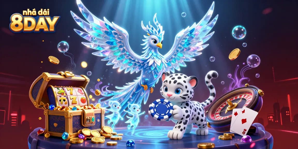 Engage with the exciting games at Nhà cái 8DAY, showcasing vibrant casino elements and dynamic scenes.