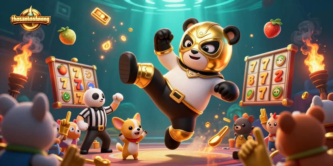 Engage with thosantienthuong's thrilling slot game action featuring a flying wrestler panda.