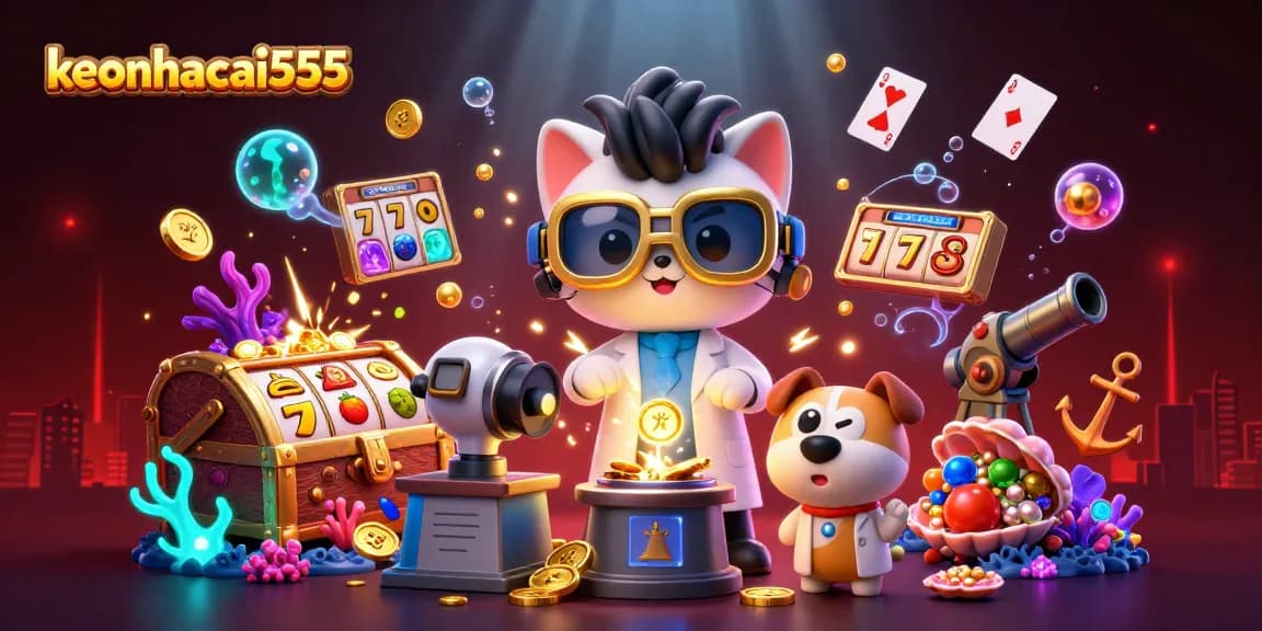 Engage with the keonhacai555 slots scene featuring a mad scientist cat and his dog assistant amidst gold coins and more.