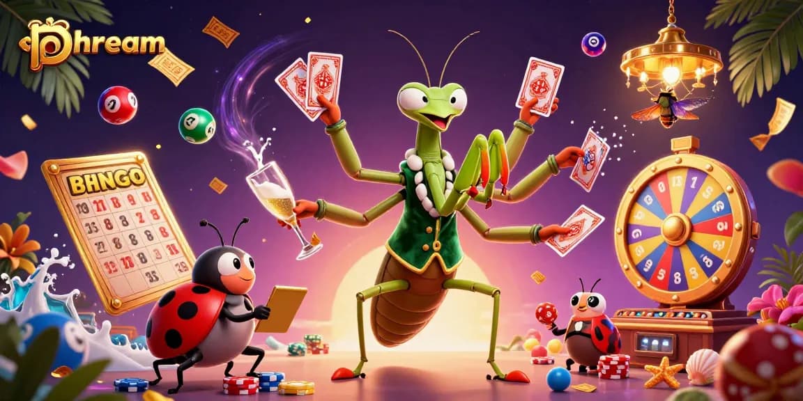 Engage with phdream's exciting casino scene featuring a giant mantis and ladybug boss amidst colorful lottery and gaming elements.