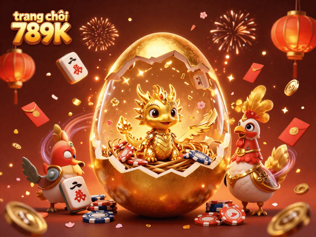 Experience the thrill of "trang chủ 789K" with a golden dragon guarding poker chips amidst festive gaming elements.