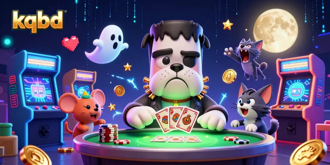 kqbd showcases a vibrant 3D casino scene with a Frankenstein bulldog dealing cards amidst neon lights.