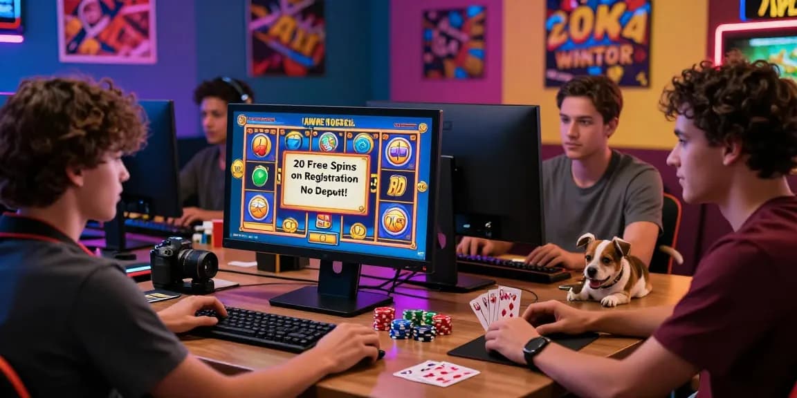Engaging scene of players experiencing 20 free spins on registration no deposit at an online casino, showcasing excitement and vibrant slot game visuals.