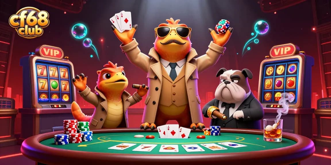 Engage in high-stakes fun at cf68 club with three raptors in disguise, showcasing poker and gaming elements.