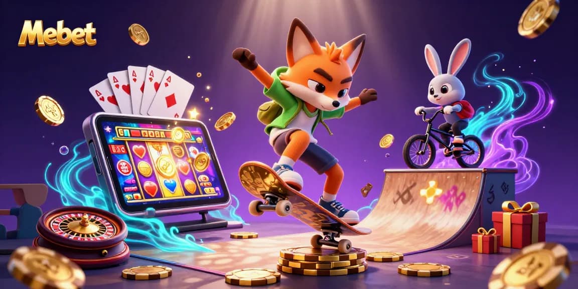 Mebet lively scene with skateboarder fox and BMX rabbit celebrating casino excitement.