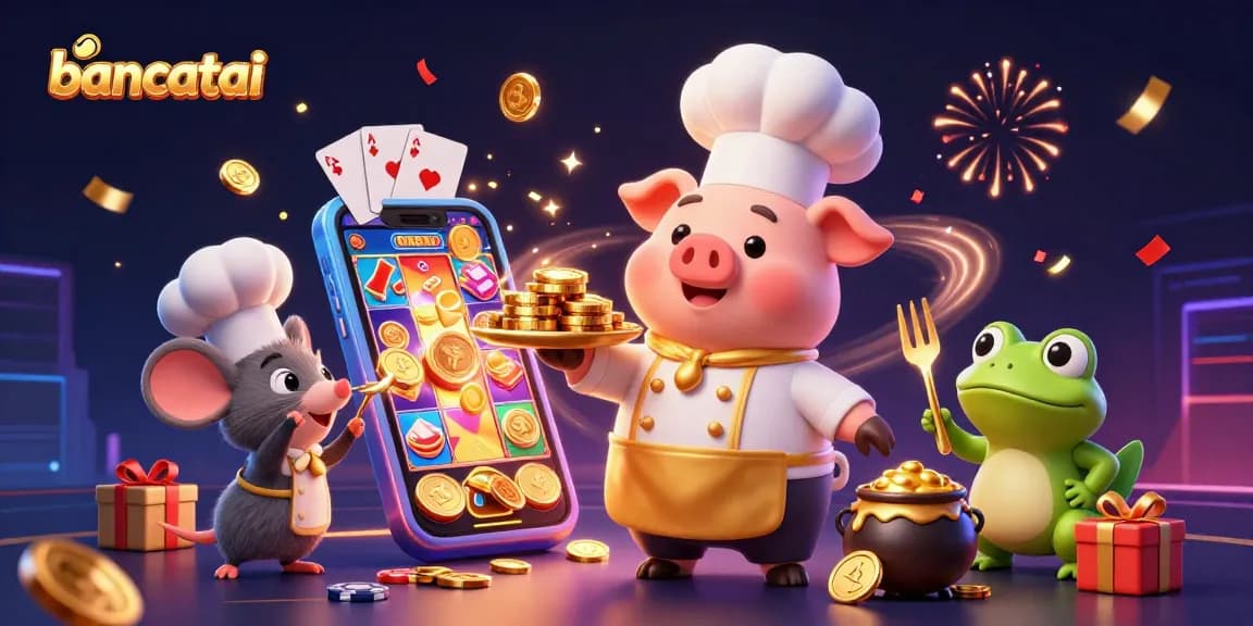 Join the fun with bancatai as our pig chef serves gold coins amid exciting casino games.