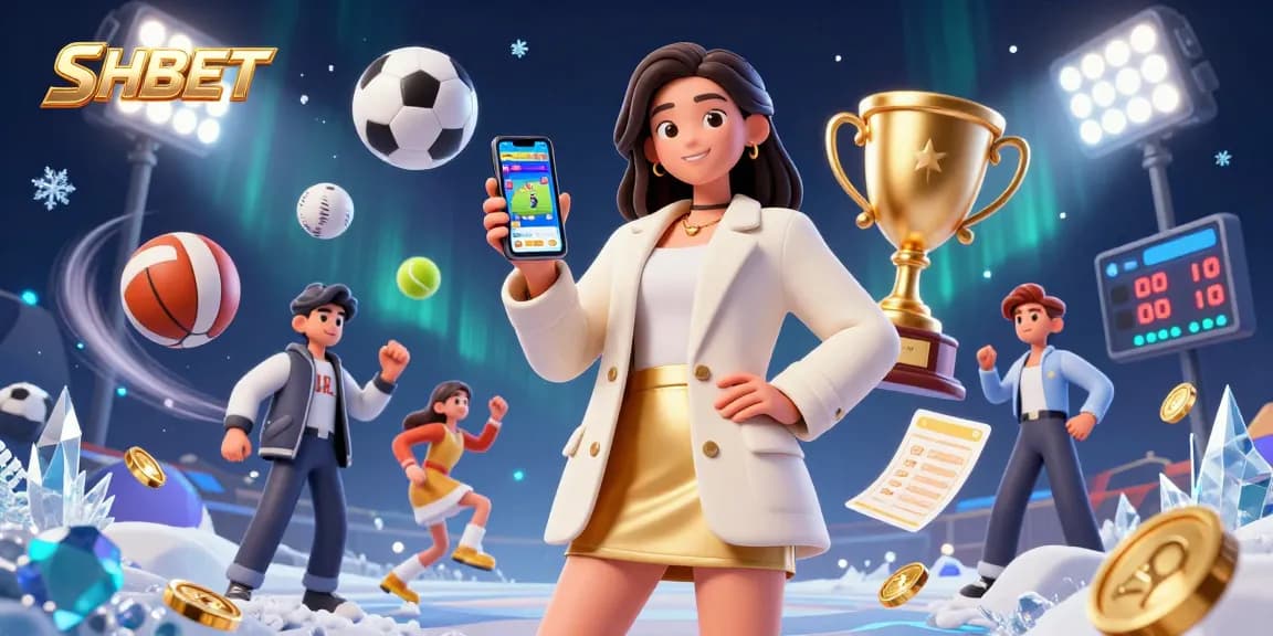 Engage with SHBET's dynamic sports betting app in a vibrant 3D casino scene featuring an Asian woman.