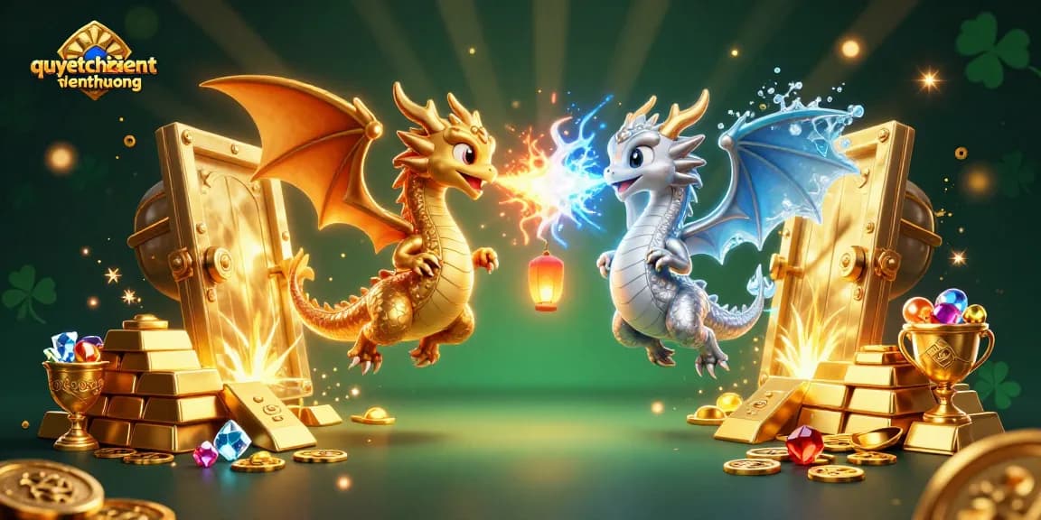 Engage in thrilling action with quyetchientienthuong as dragons clash amidst treasures in this vibrant casino scene.
