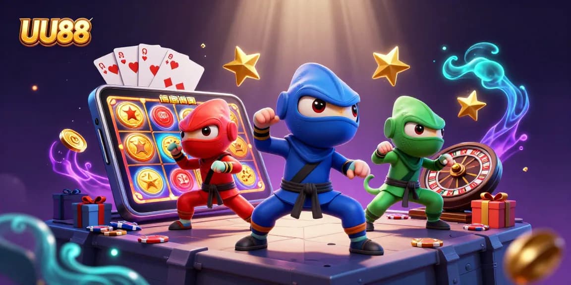 Engage in thrilling gambling with UU88 as colorful chameleon ninjas showcase excitement in a vibrant casino scene.