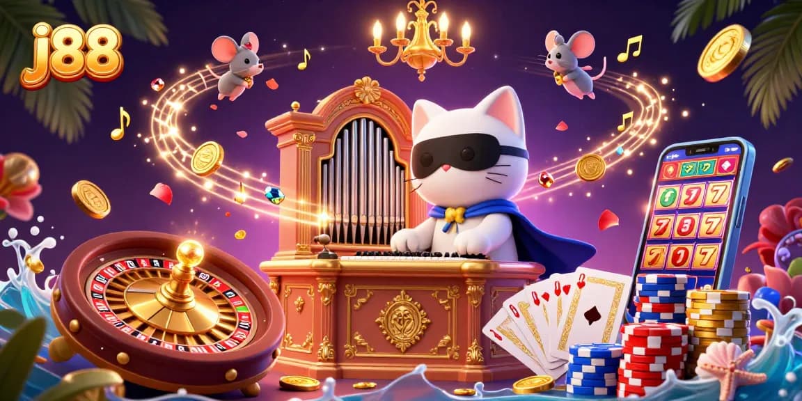 Experience excitement at j88 with a lively casino scene featuring playful characters and vibrant game elements.