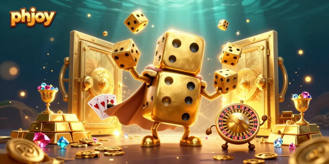 Experience excitement with phjoy as a golden dice golem juggles luck and riches in a vibrant casino scene.