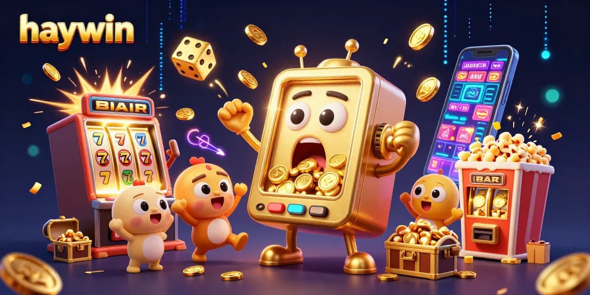 Experience excitement at haywin with animated slot machines celebrating jackpots and overflowing coins.