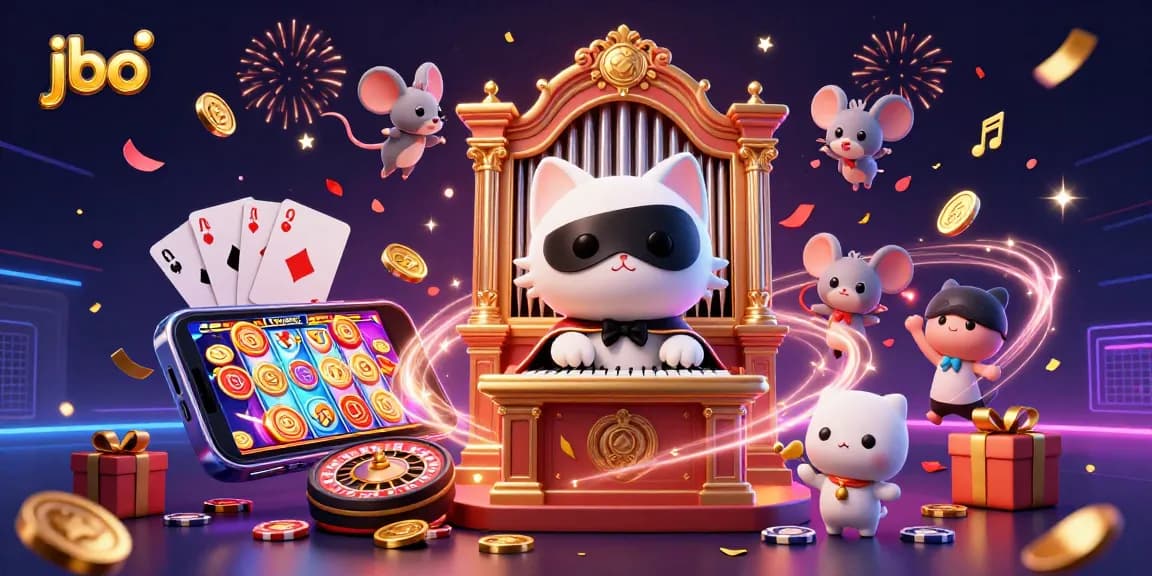 Experience the excitement of jbo with a 3D cartoon scene of a masked cat, casino games, and vibrant celebrations.