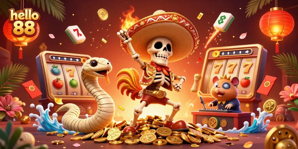 Experience thrilling gameplay with hello 88's festive characters dancing on golden coins.