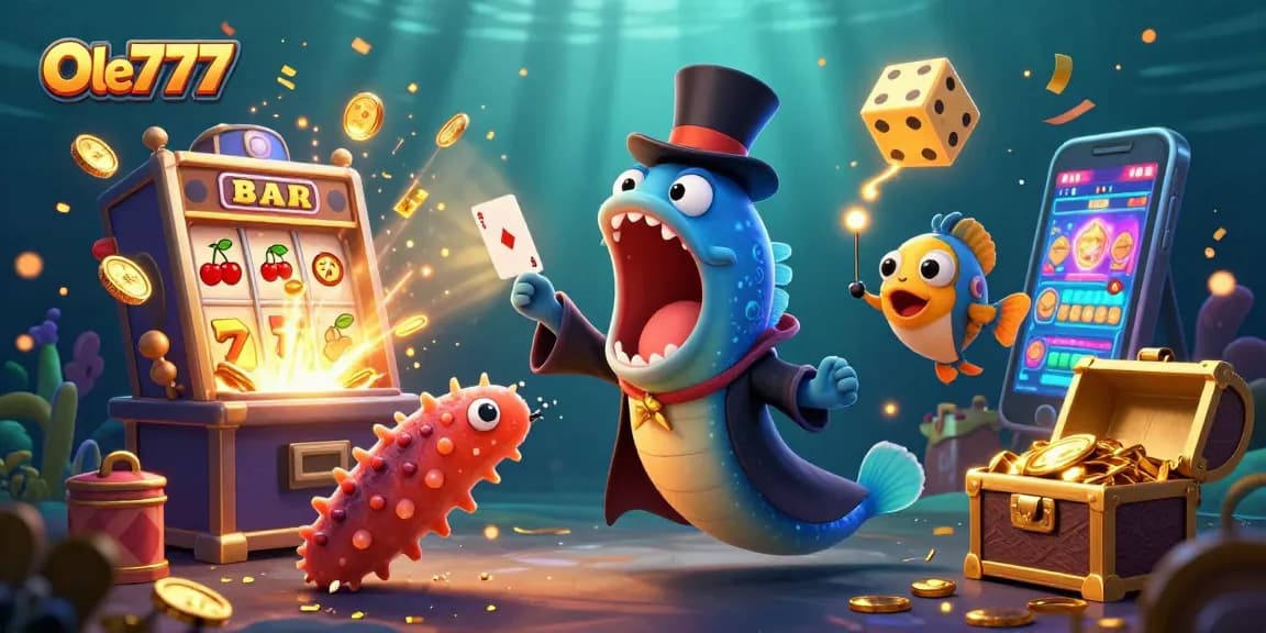 Experience Ole777's thrilling jackpot excitement with a vibrant underwater casino scene featuring animated characters.