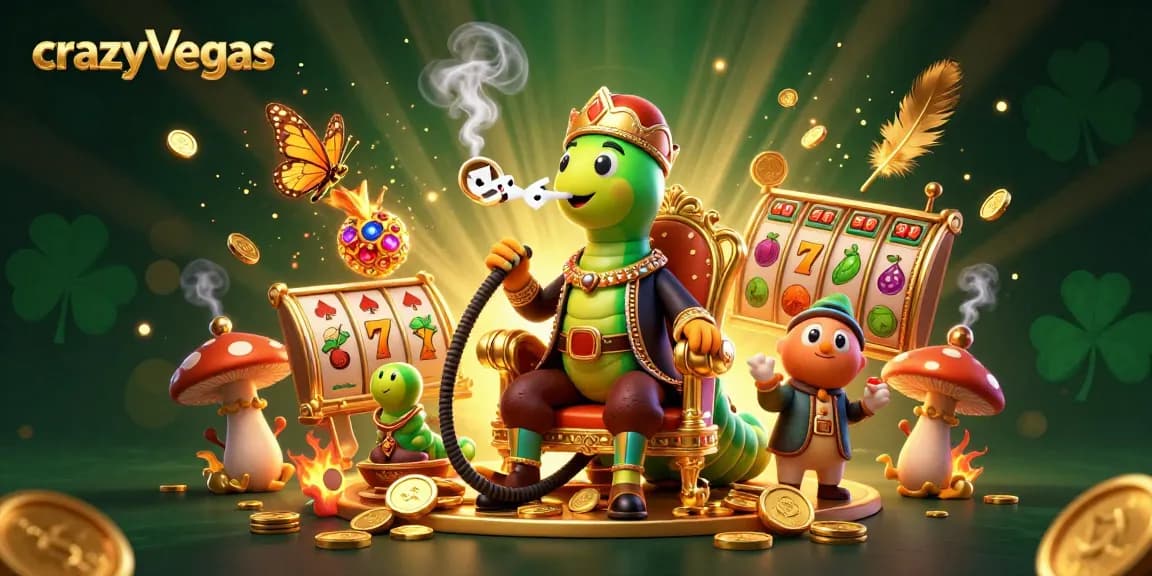 Caterpillar master showcases casino thrill with crazyvegas slot symbols in vibrant 3D illustration.