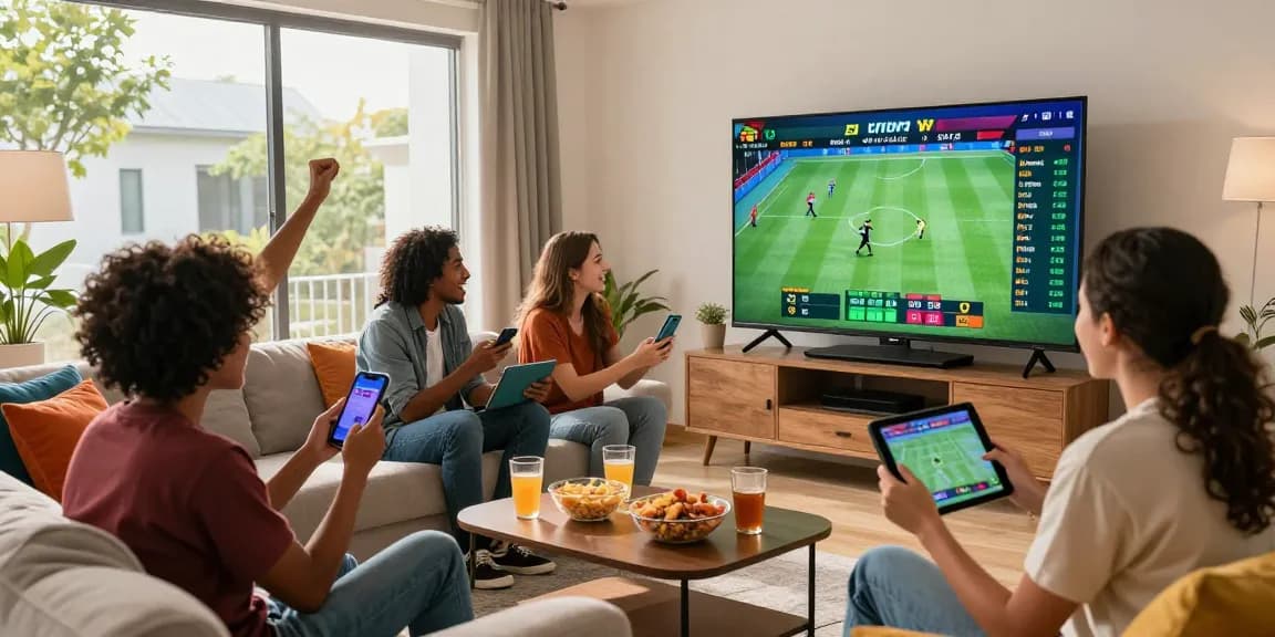 Exciting TK999 online sports betting scene with friends cheering on a big screen, smartphones in hand in a lively living room.