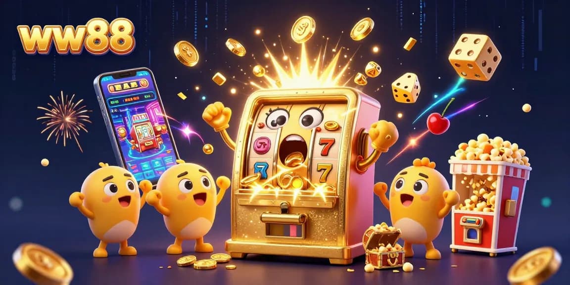 Experience excitement with ww88's jackpot-winning slot machine surrounded by cheerful baby slots and golden coins.