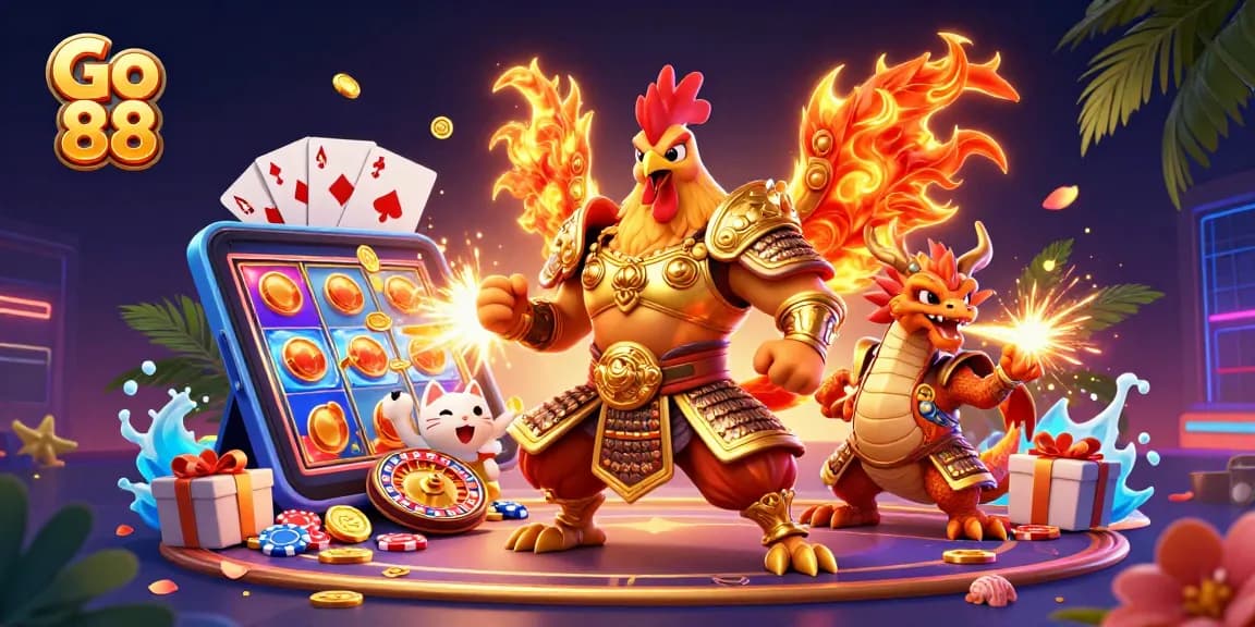 Engage with Go 88's electrifying casino experience featuring a warrior and dragon amidst dynamic gaming elements.