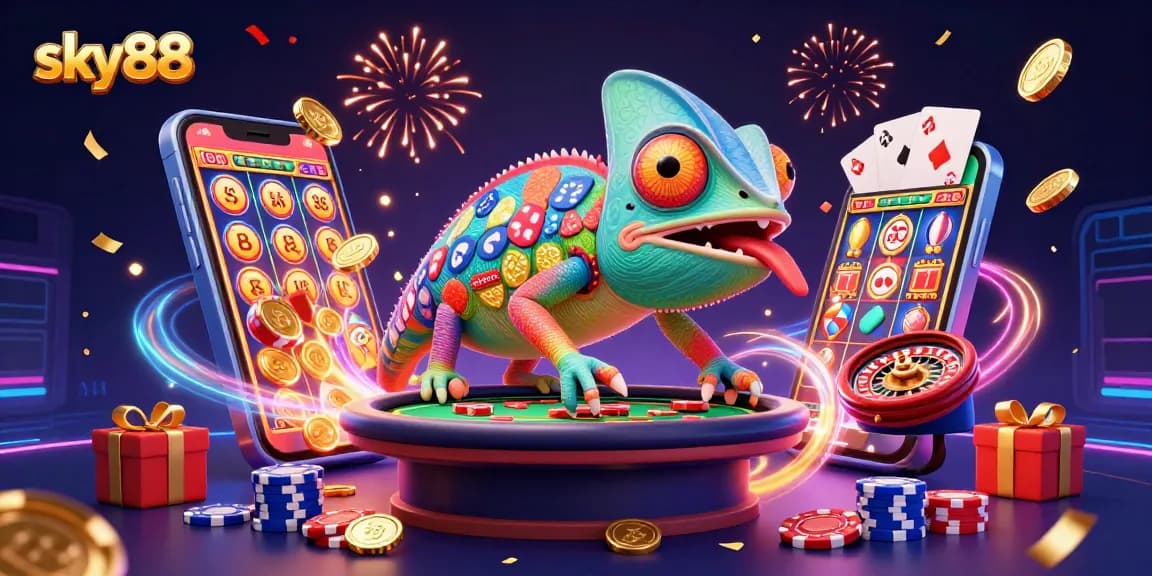 Experience thrilling wins with sky88's chameleon casino owner snapping up coins in a vibrant gaming scene.