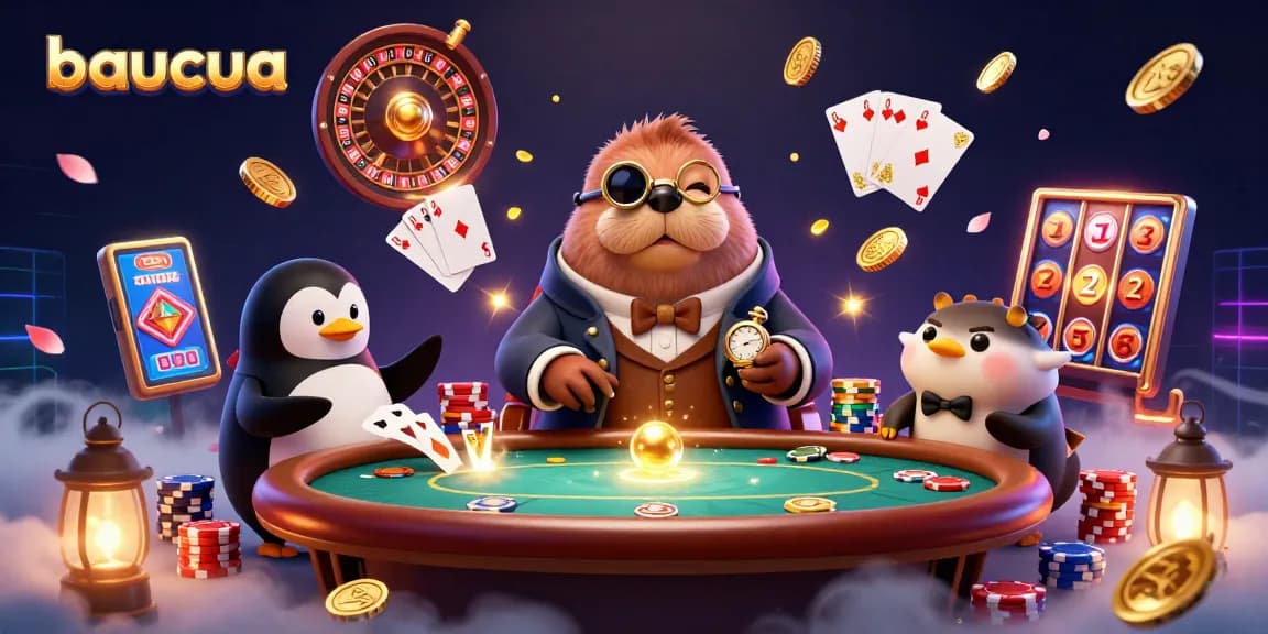Experience the thrill of baucua with vibrant characters and 3D gaming elements in a casino setting.