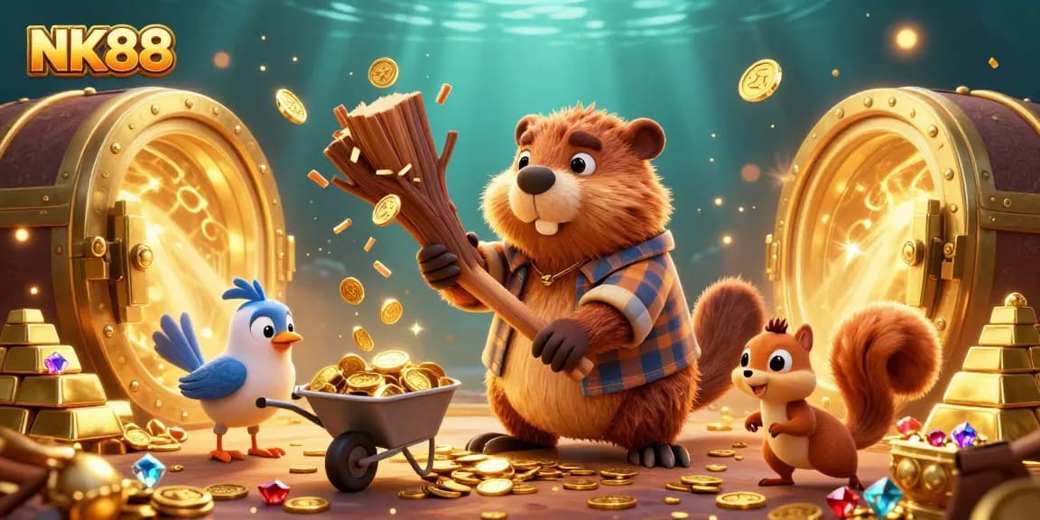 Experience thrilling gaming action with NK88 featuring a cartoon beaver and friends amidst a gold treasure scene.