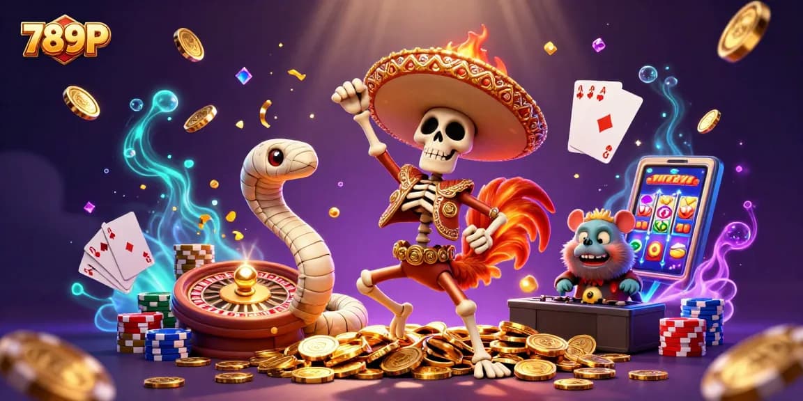 Engage with the vivid 789P casino scene featuring a skeleton mariachi celebrating wealth amidst dynamic gaming elements.