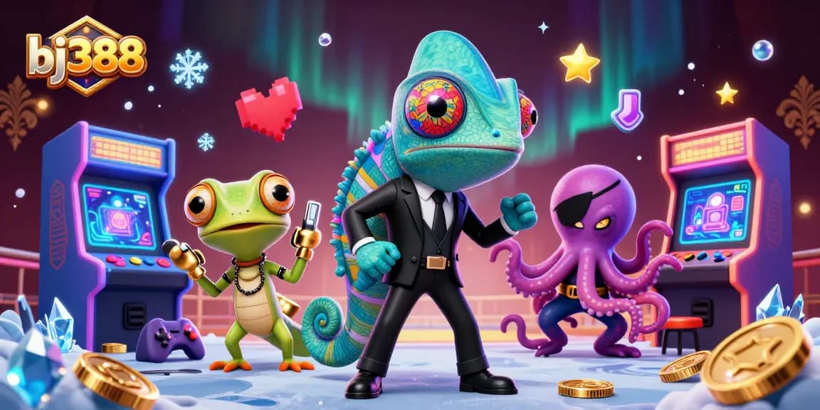 BJ388 chameleon secret agent in dynamic casino scene with game elements and characters