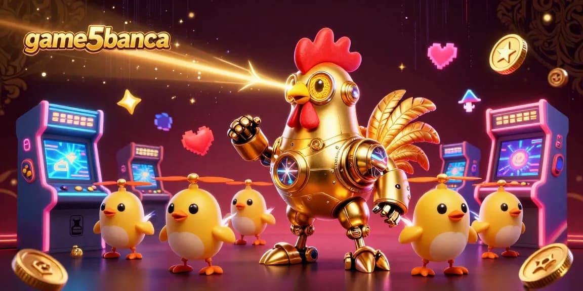 game5banca's captivating golden rooster robot leads baby chick drones through vibrant arcade game machines in a lively casino scene.