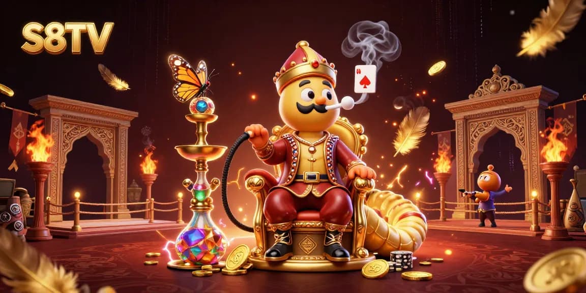 Experience S8TV's vibrant casino atmosphere with an illustrated scene of a whimsical caterpillar and golden tokens.