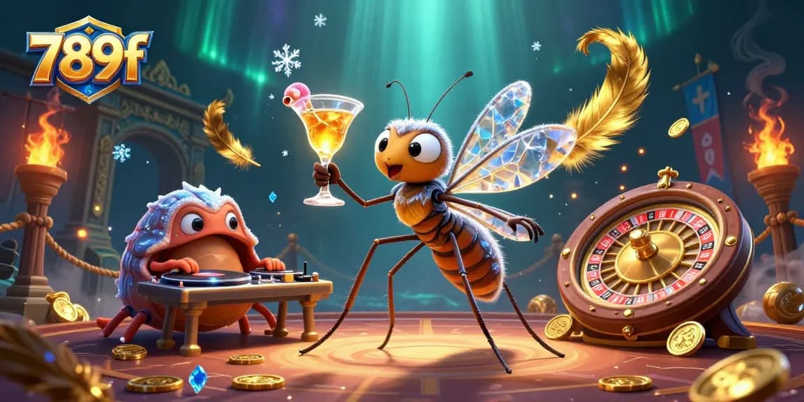 Engage with the thrilling 789f casino scene featuring an animated mosquito mascot, a trilobite DJ, and vibrant gambling elements.