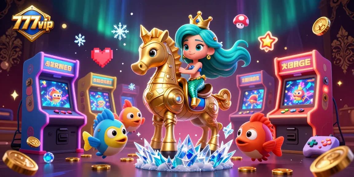 Join the fun with 777vip as the mermaid princess rides her seahorse amid vibrant casino game elements!
