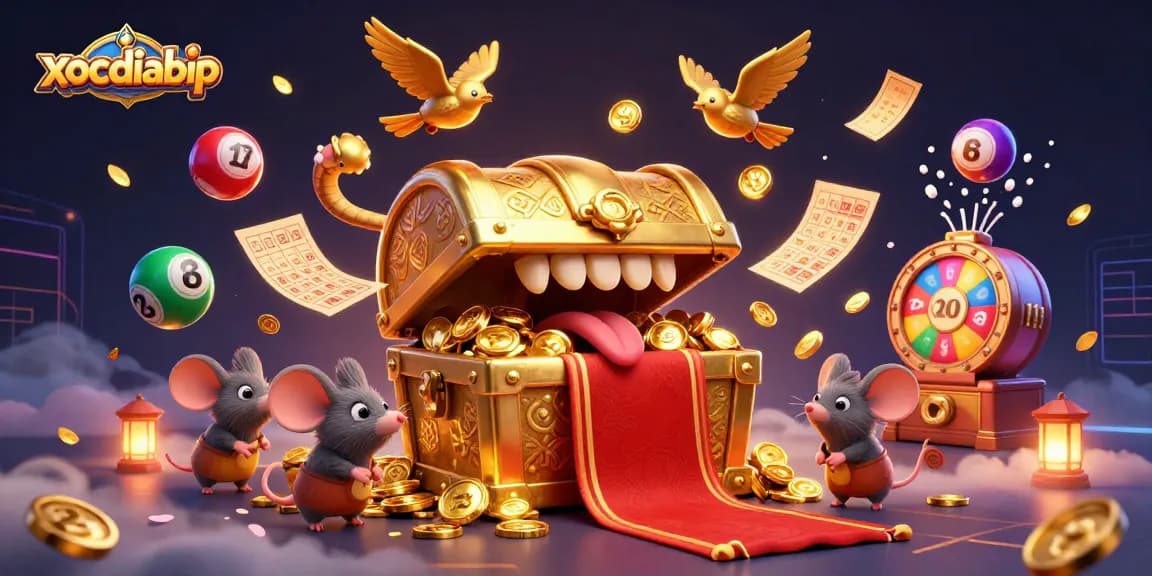 xocdiabip showcases an adventurous scene with golden treasure chest mimics, dynamic lottery elements, and vibrant symbols