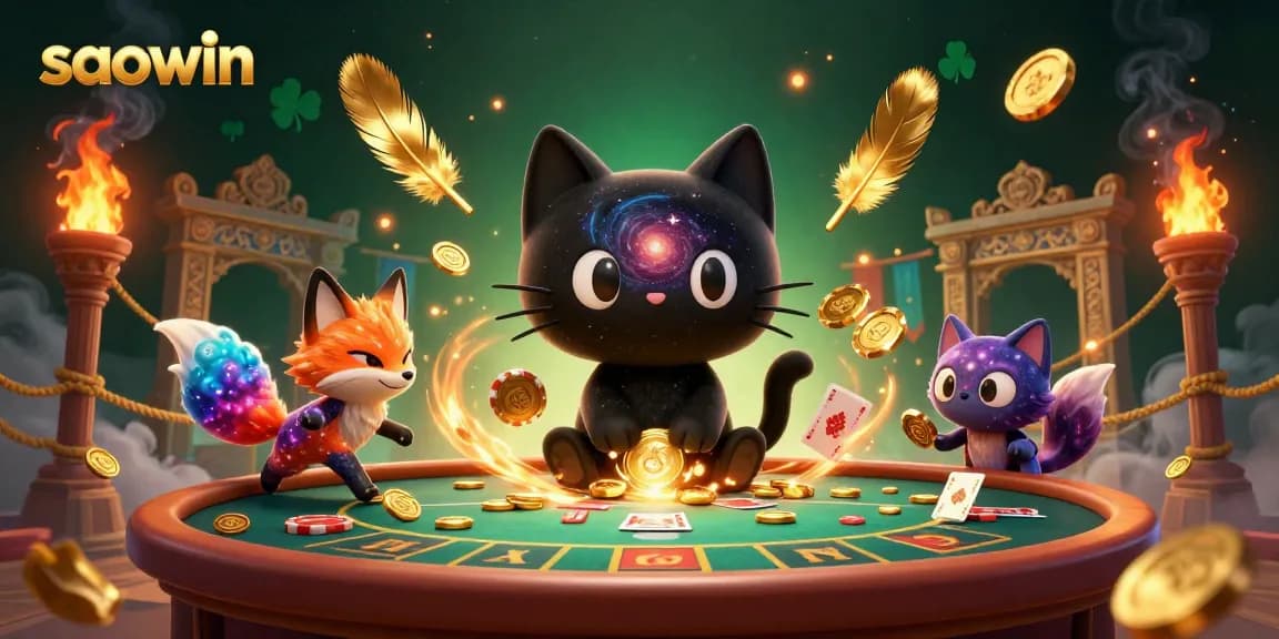 Experience thrilling gaming at Saowin as the black hole cat pulls in golden chips at a cosmic casino.