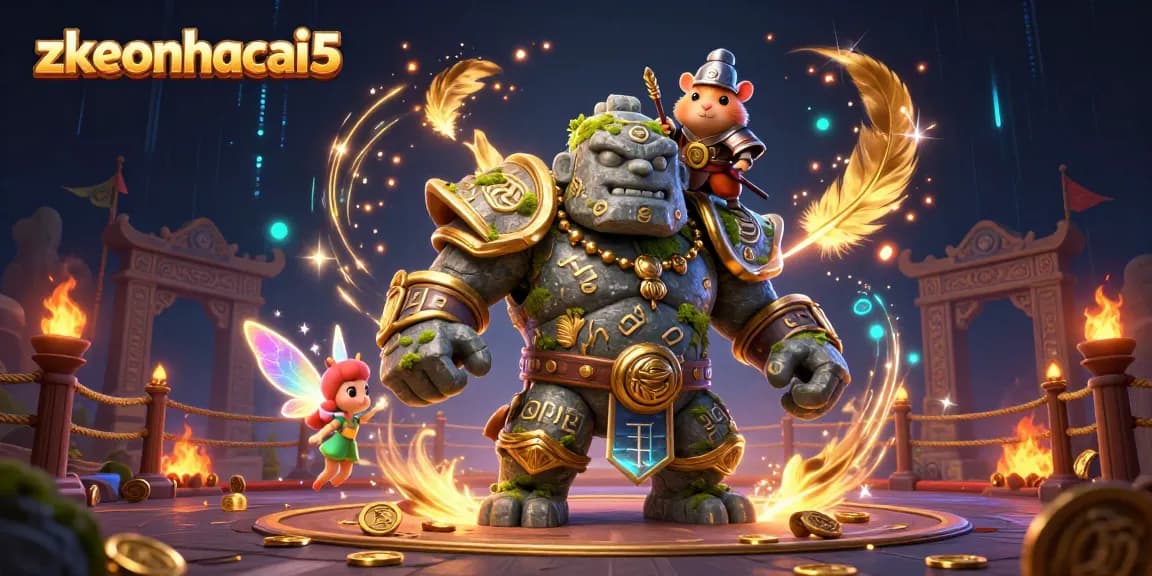 Experience excitement at zkeonhacai5 with golem guardians and magical elements in a vibrant gaming arena.