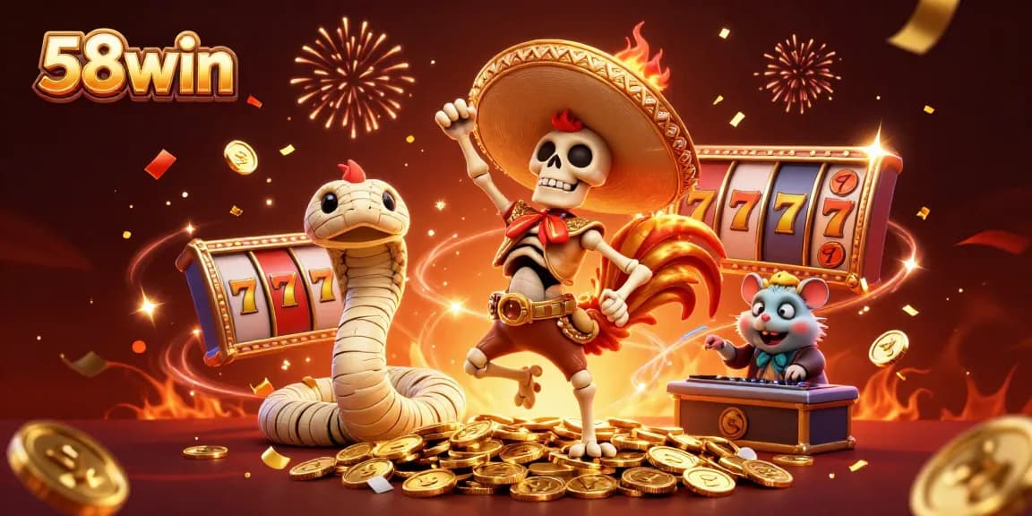 Engage with the excitement of 58win through a vibrant victory dance scene packed with slot games and gold.