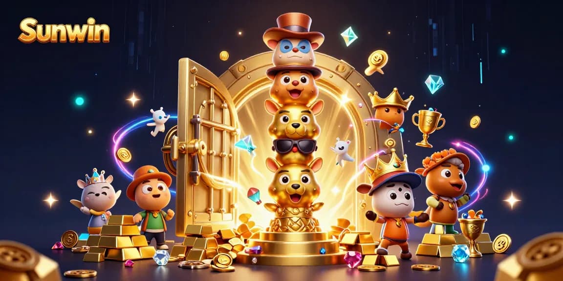 Sunwin showcases a thrilling casino atmosphere with vibrant characters and shimmering treasures.
