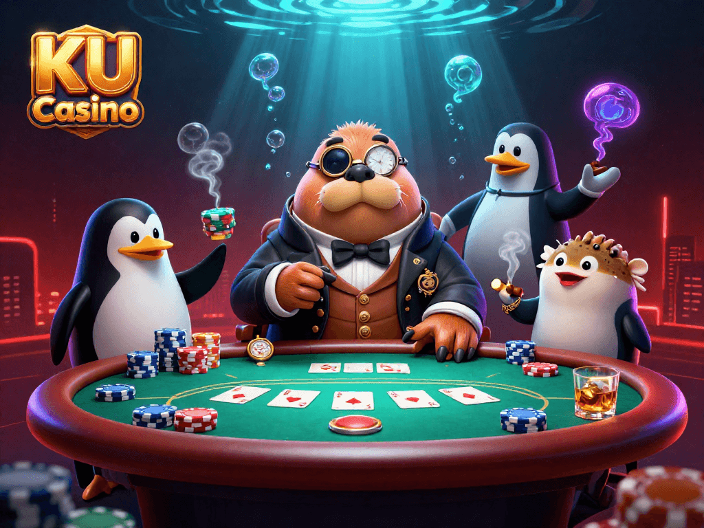 Experience thrilling poker action at KU Casino with a jolly walrus, penguin dealer, and pufferfish player.
