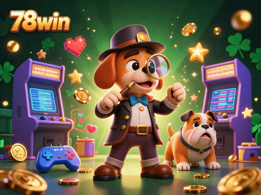 Analyze the 78win poker chip clue in this vibrant 3D casino scene with playful characters.