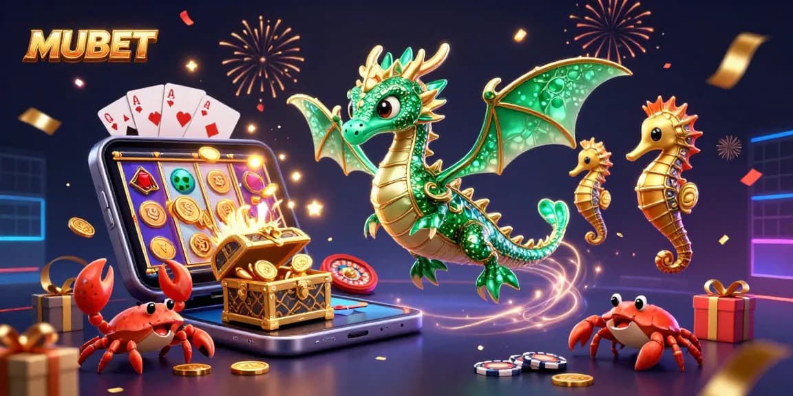 MUBET features a vibrant 3D casino scene with a sea dragon, winning slot games, and celebratory elements.