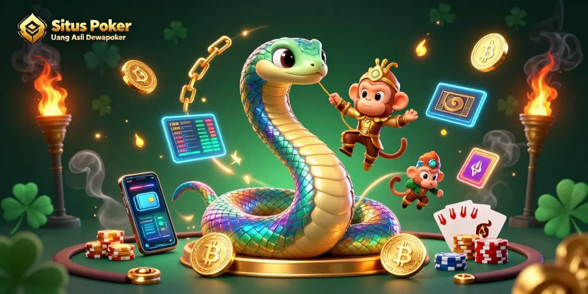 Situs Poker Uang Asli Dewapoker showcases a cartoon scene with vibrant gaming elements and a colorful serpent.