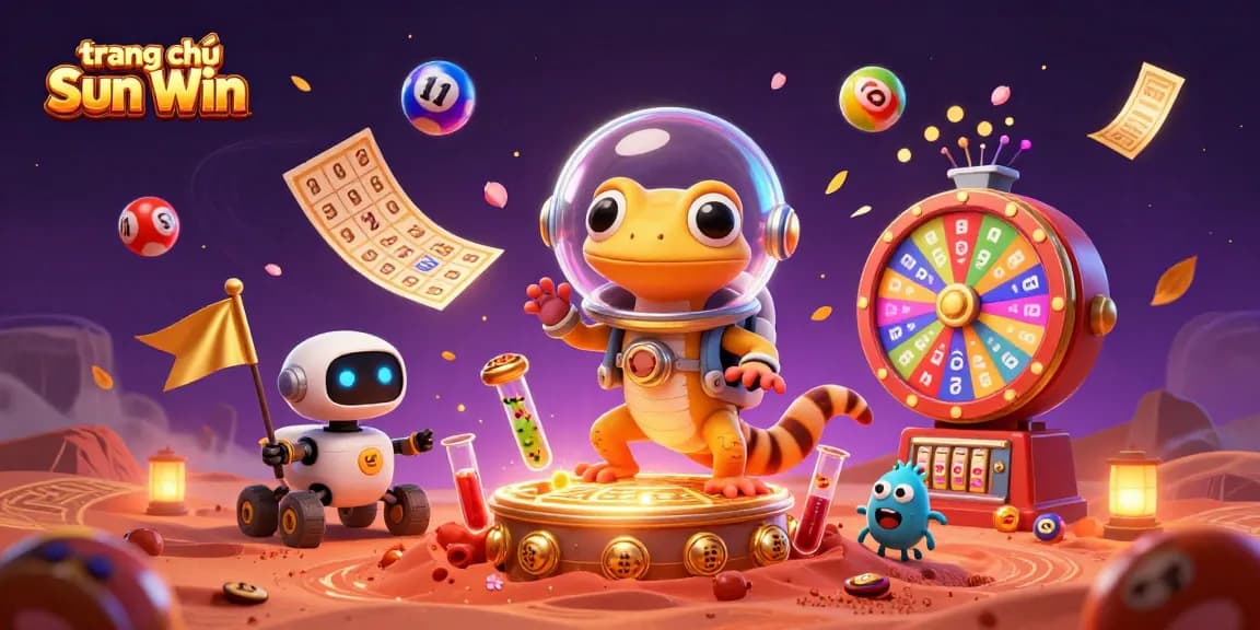 Experience winning at trang chủ Sun Win with colorful characters and vibrant gaming elements in a captivating 3D illustration.