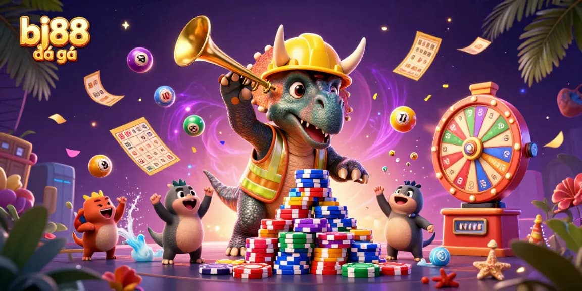 Immerse in bj88 đá gà with vibrant characters celebrating victory surrounded by dynamic gaming elements.