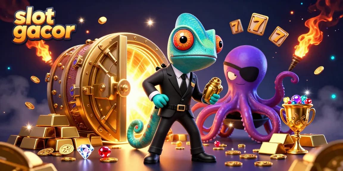 Bet on slot gacor for big wins as cartoon characters play amidst treasures and games.
