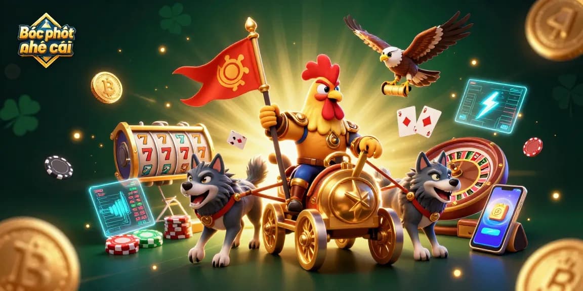 Bóc phốt nhà cái highlights fierce competition in a casino-themed battle scene using vibrant 3D characters and elements.