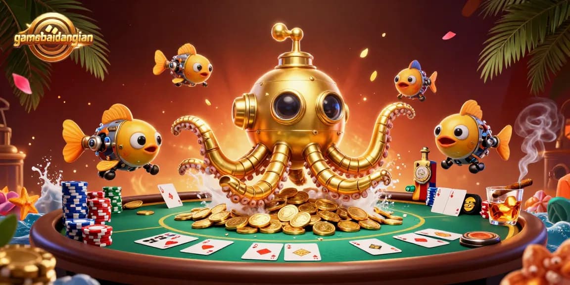 Experience exciting gameplay with gamebaidangian's dynamic casino scene filled with golden coins and poker elements.