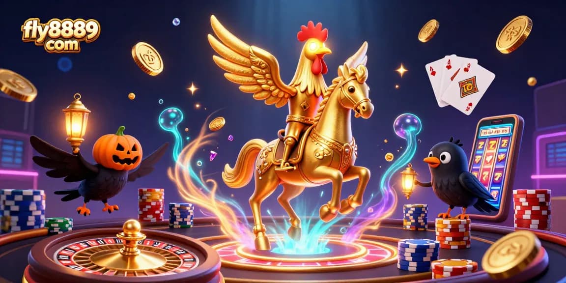 Experience immersive gaming with fly8889 com, featuring golden rooster and casino elements in a vibrant scene.
